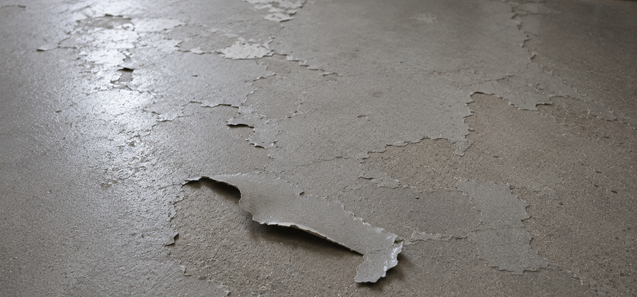 Concrete sealer peeling and flaking off the slab in visible sheets with lifted edges, a classic adhesion failure from improper prep