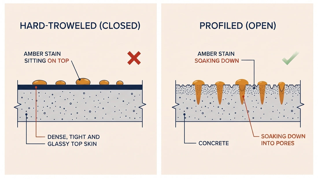 Cross-section diagram: on a hard-troweled slab amber stain sits on top of a dense, glassy top skin; on a profiled slab the same stain soaks down into open pores
