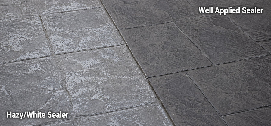 Comparison of a milky hazy concrete sealer failure next to a clear, well-applied sealer on the same slab