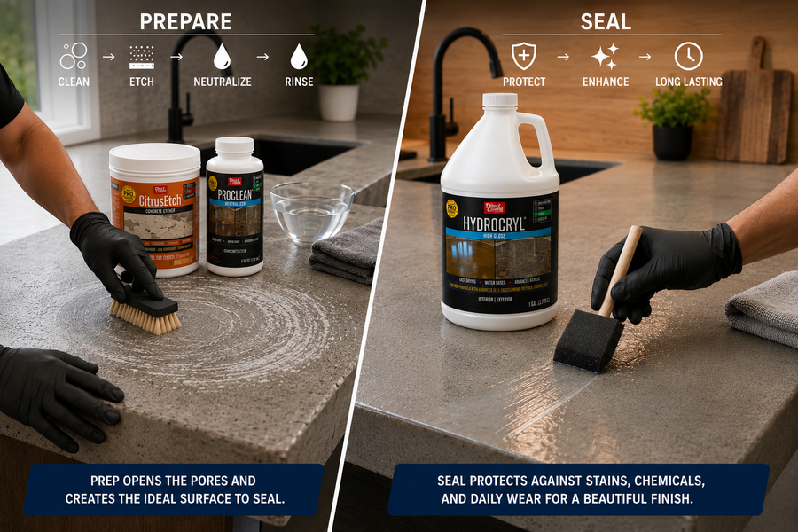 Two-stage Direct Colors countertop process: PREPARE side shows CitrusEtch and ProClean Neutralizer applied to a concrete countertop with a scrub brush following CLEAN, ETCH, NEUTRALIZE, RINSE; SEAL side shows HydroCryl High Gloss applied with a foam brush to protect against stains, chemicals, and daily wear