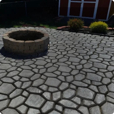 Paver patio with a fire pit in a backyard setting