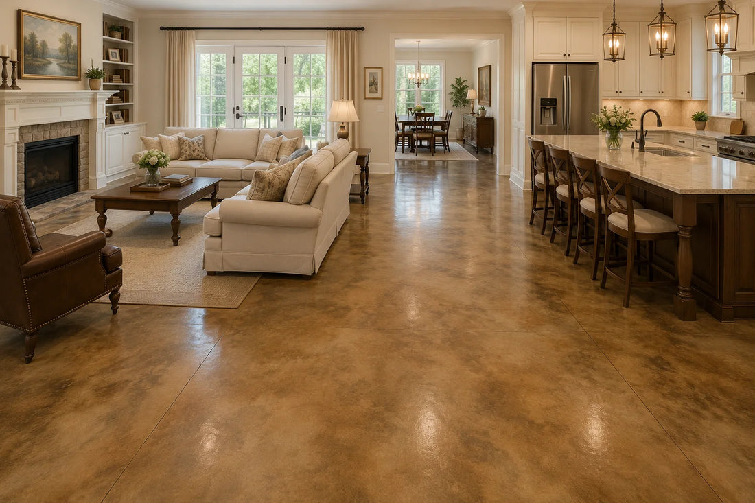 Greige living room acid stained