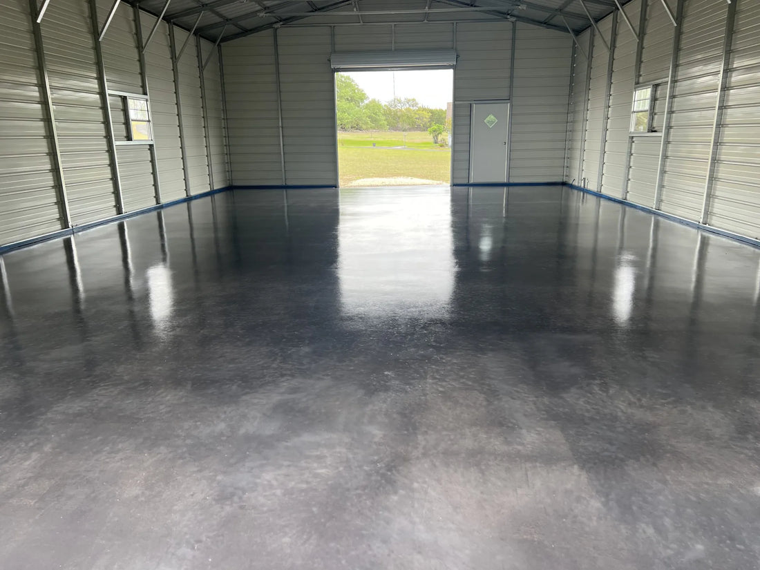 Finished modern and sleek barndominium floor showcasing the glossy effect of Charcoal AcquaTint™ with satin ProWax Polish