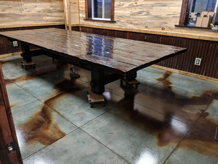 Azure Blue and Coffee Brown Acid Stains sealed with High Gloss Acrylic Sealer and Commercial Floor Wax