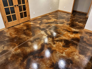 acid stained concrete floor with Malayan Buff Desert Amber and Coffee Brown