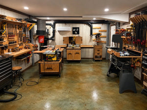 Acid stained concrete floor in a woodworking shop with Malayan Buff Avocado Coffee Brown and Seagrass