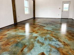 Coffee Brown Malayan Buff and Seagrass acid stained concrete floor in a residential room