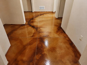 hallway with EverStain Coffee Brown and Malayan Buff acid stained concrete floor