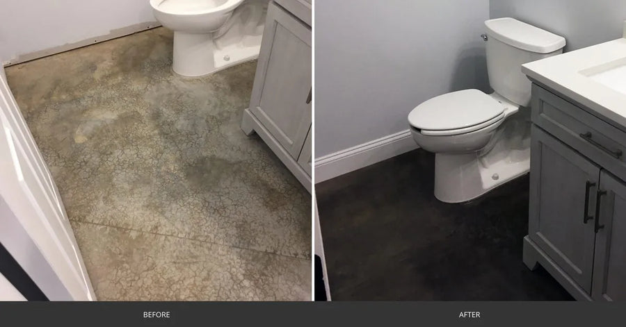 A sophisticated finish: a concrete bathroom floor stained with charcoal AcquaTint tinted sealer