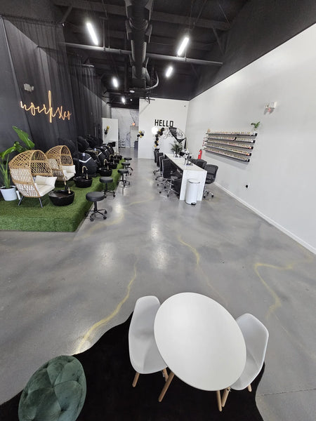 The finished product - a chic salon floor showcasing the synergy of Charcoal, Silver Gray and sparkling Mica highlights
