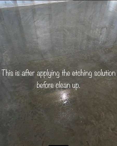 Image of etching solution being applied on the surface of a machine troweled concrete floor, creating a rough surface for acid staining