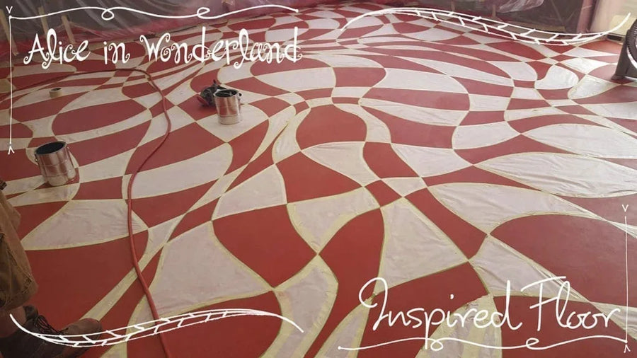 A concrete floor colored with concrete dye inspired by Lewis Carrol's Alice in Wonderland