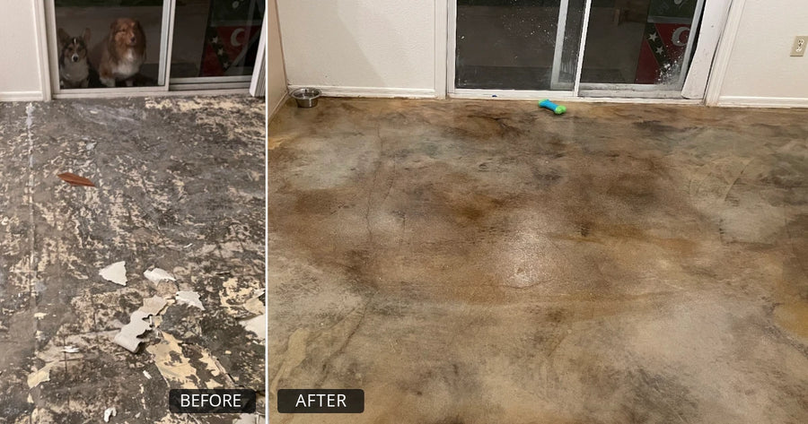 Before and after of Brendan Crouse's floor, old carpet and vinyl to a Black, Malayan Buff, and Seagrass leather look