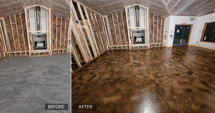 Before and after of Clayton Foster's floor, bare concrete to a Coffee Brown and Desert Amber worn leather look