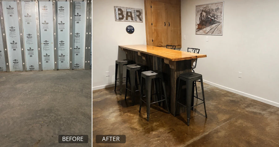 Before and after of Kimberly Raley's 400 sq. ft. basement floor in a Desert Amber and Coffee Brown leather look