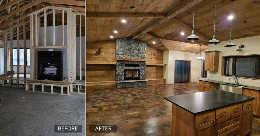 Before and after: bare concrete transformed into a Coffee Brown and Desert Amber worn leather look floor