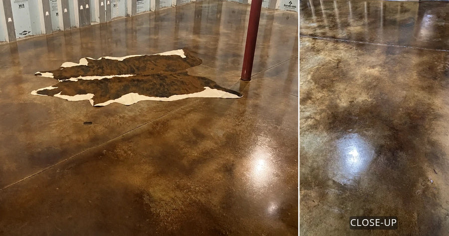 Finished worn leather look concrete floor in Desert Amber and Coffee Brown — Kimberly Raley's basement
