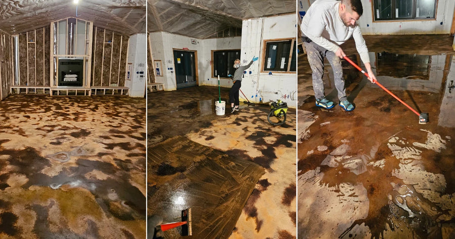 Neutralizing, scrubbing, and shop-vaccing acid stain residue off a Coffee Brown and Desert Amber leather look floor before rinsing again