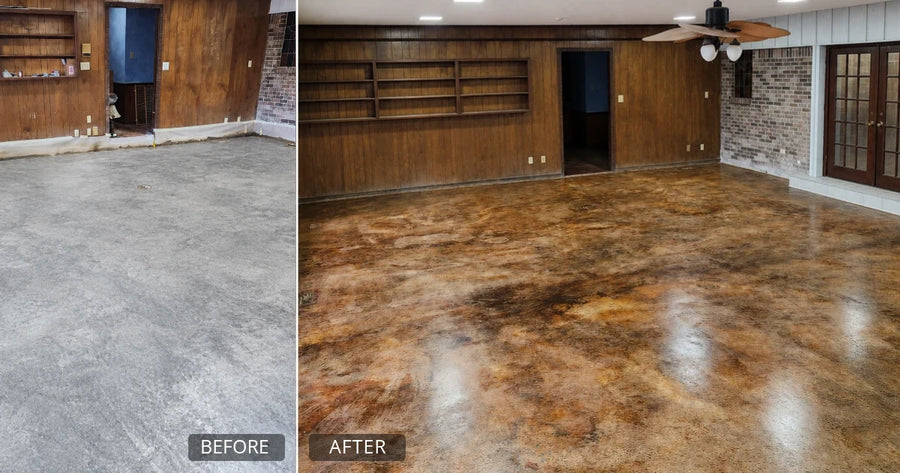 Before and after of Lawrence Stilman's 864 sq. ft. game room in Coffee Brown, Cola, and Desert Amber
