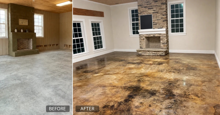 Before and after of Karissa Hutchison's floor, bare concrete to a Coffee Brown and Black leather look