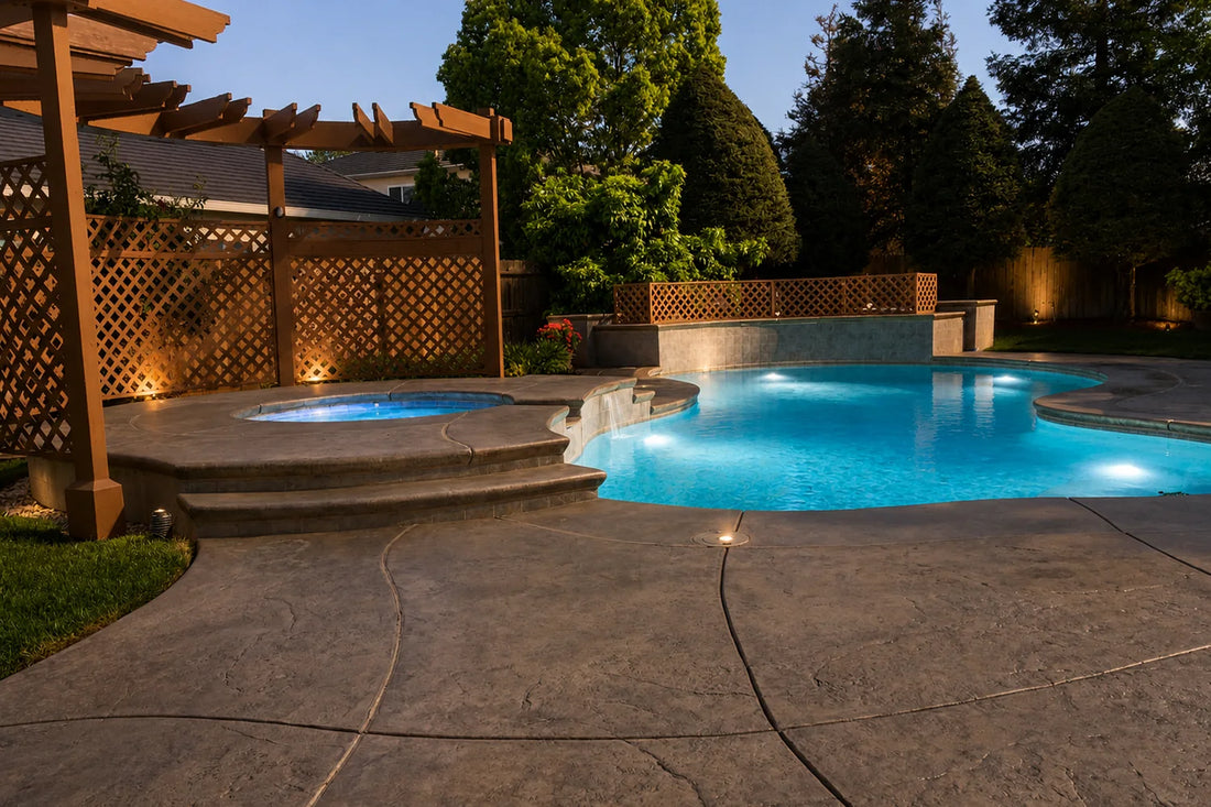 Pooldeck and spadeck in stained stamped concrete