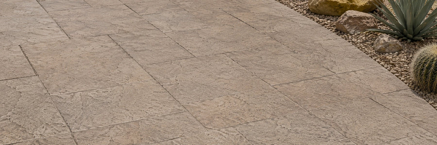 Matte-finish stained stamped concrete patio in a desert garden setting, fully cured and waiting for sealer application as Step 3 of the Direct Colors system