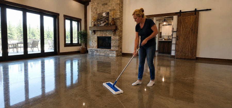 Applying ProWax Polish to a cured concrete sealer on an interior floor using a flat microfiber mop in thin even strokes