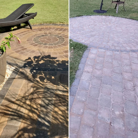 Side-by-side before and after photos of a paver patio showing dramatic color improvement using Direct Colors products