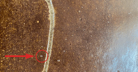 Sealed patio concrete floor with a circled example of bubble formation in the acrylic sealer