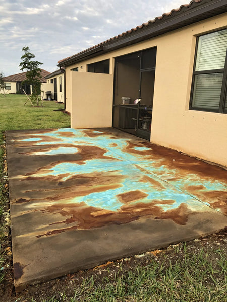 Flowing water-color vein concrete veining technique acid stain with Azure Blue acid stain and Miracle-Gro