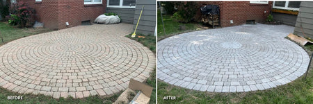 Side-by-side before and after images showing the transformation of a circular pink brick paver patio to a stylish whitewashed patio using Portico white stain