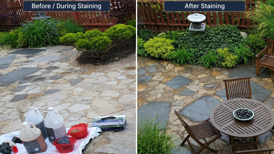 Concrete patio stones being hand-stained with gray and charcoal concrete stains for a slate-look patio