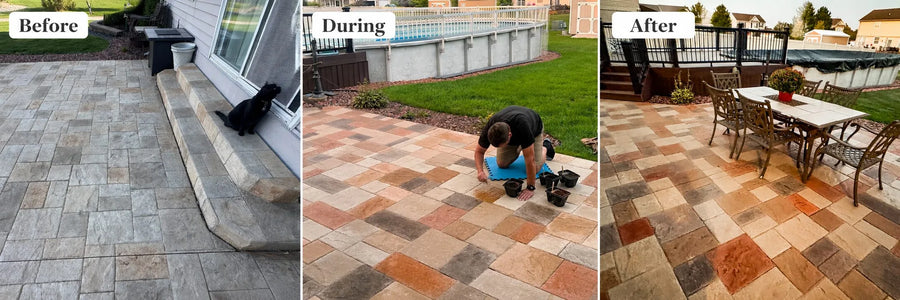 Before, during, and after stamped concrete patio makeover using Antiquing stains to create a multicolor paver-style finish