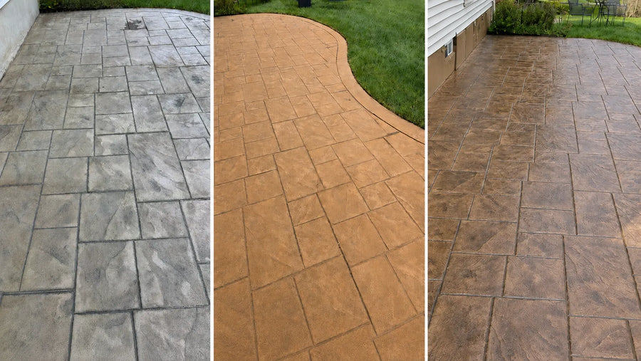 Three stages of staining a stamped concrete patio: surface preparation, dry Cafe Royale Antiquing Stain before sealing, and the final color after sealer.