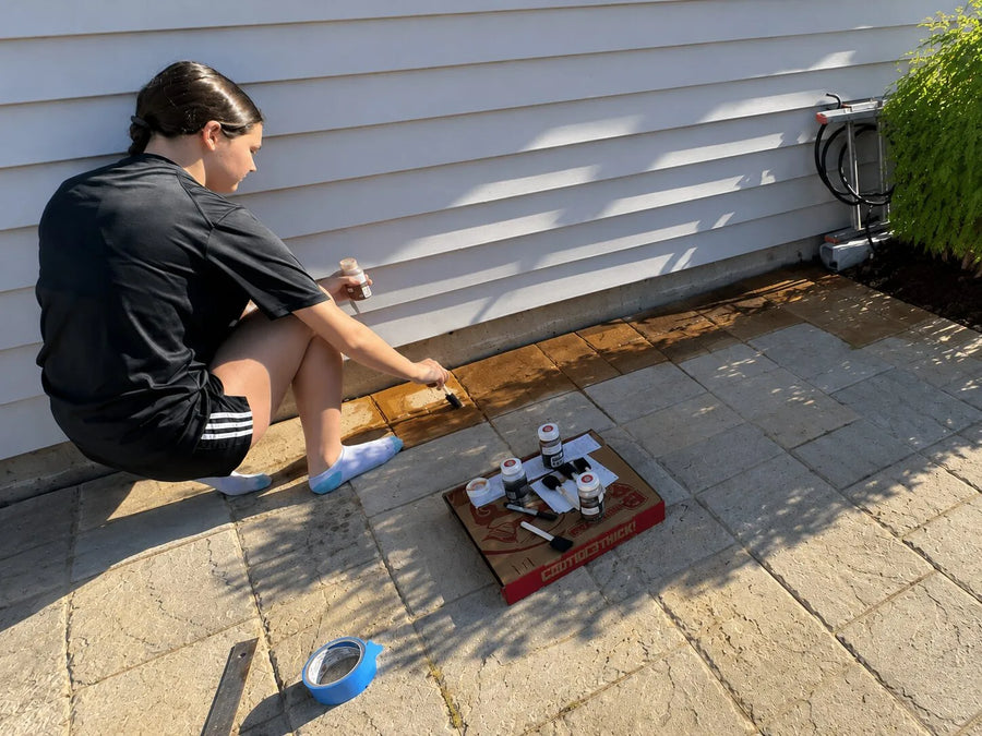 Young customer applying Antiquing stain to stamped concrete patio with a foam brush for a multicolor paver-style finish