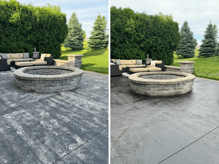 Before and after: Renovating a faded stamped concrete patio with Black EasyTint, transforming it from worn to refreshed and vibrant