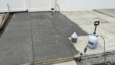 process of infusing life into our 36-inch hand-poured, slate-stamped squares using a Silver Gray Antiquing stain