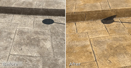 Before-and-after photo of a dull stamped concrete patio rejuvenated with Tweed EasyTint™