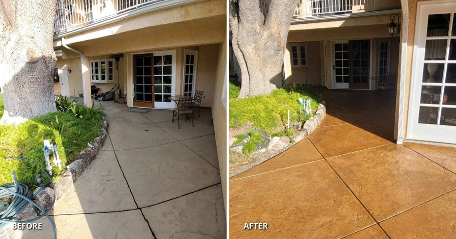 Before and after image of a faded concrete patio restored with Yukon Gold Antiquing stain to bring back its original color