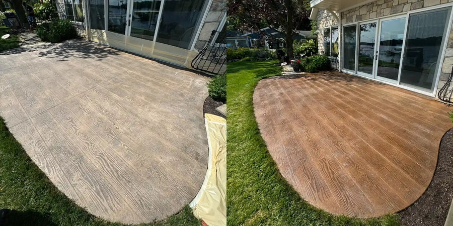 Wood-plank stamped concrete patio before and after staining with Driftwood stain, changing it from faded light gray-tan to warm driftwood brown