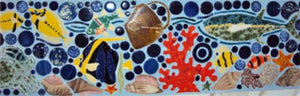 Blue concrete pigment in white grout, in a mosaic of fish, shells and coral