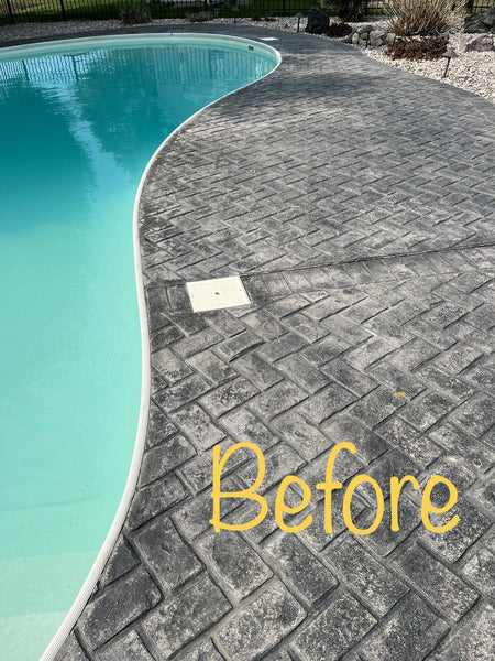 Neglected stamped concrete pool area prior to restoration