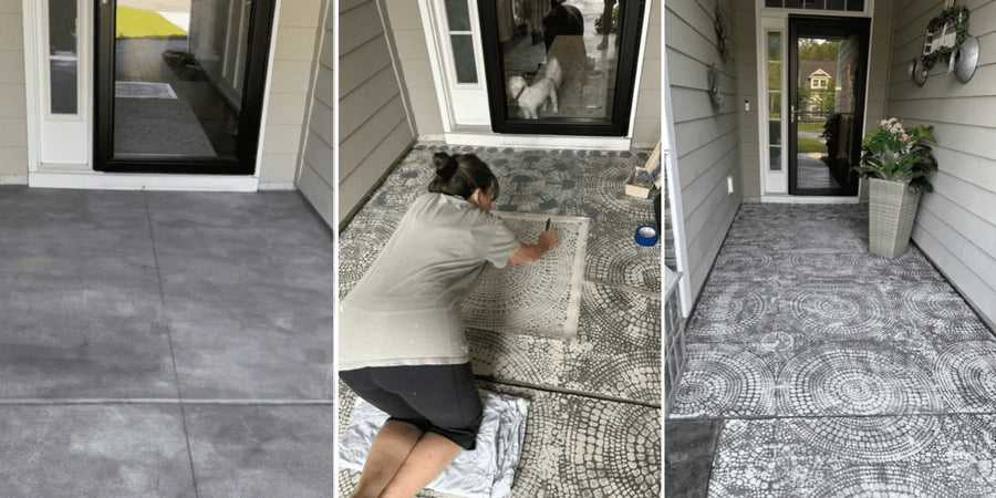 Transformation of a front porch: starting with plain concrete, progressing through the stenciling process, and ending with a fully stenciled surface featuring intricate patterns