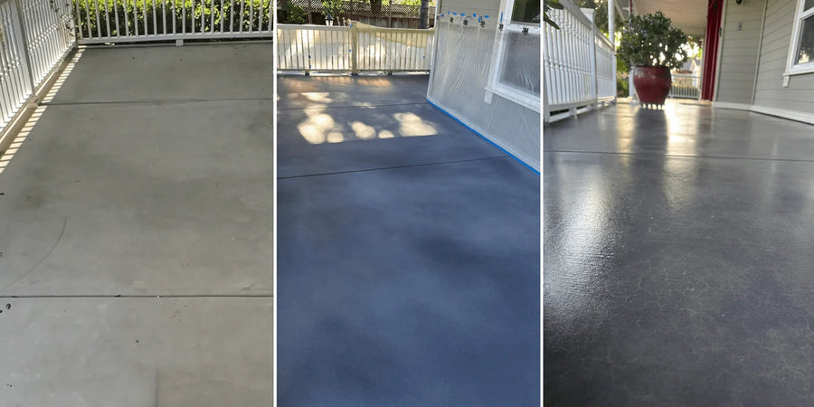 Evolution of a front porch from simple concrete to elegant antiqued stain finish