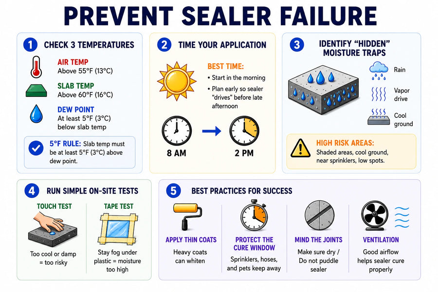 Concrete sealer dew point checklist infographic: slab temperature must stay at least 5°F above the dew point during application and cure, apply only between 60°F and 90°F, no direct sun on a 90°F+ day, no application within 24 hours of rain, no humidity above 85%