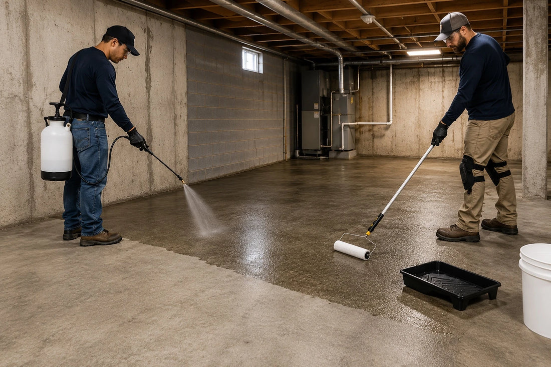 Two men working on a concrete floor, one using a pressure washer and the other with a roller.