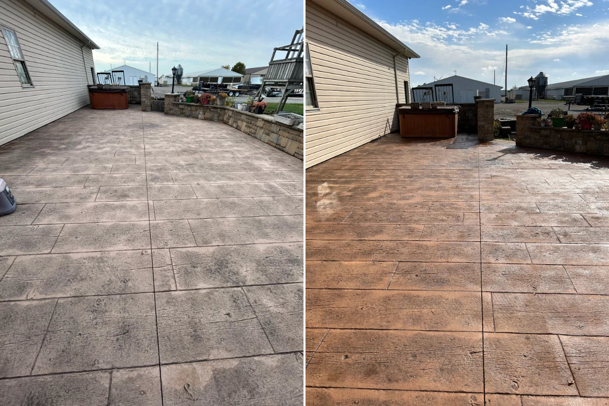 Before and after of a faded integral-pigment wood-plank stamped concrete patio restored with Maple Antiquing stain