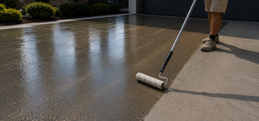Close-up of a 3/8 inch nap roller laying down a thin even coat of concrete sealer across a textured driveway surface with no return passes on skinned-over sections
