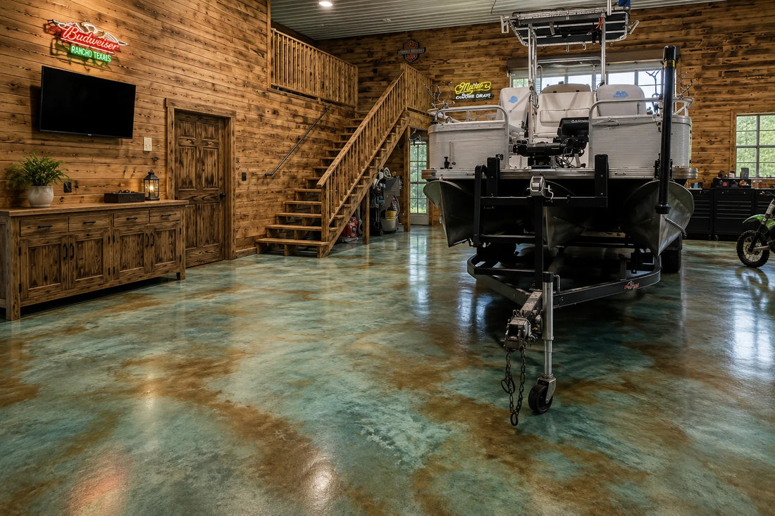 Blue acid stained boat garage shop