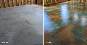 Plain concrete to vibrant, multi-colored masterpiece with Malayan Buff and Seagrass acid stains